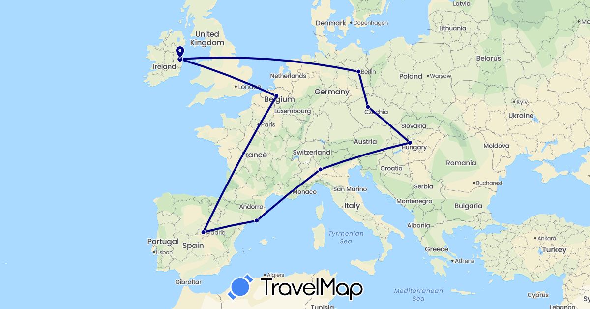 TravelMap itinerary: driving in Belgium, Czech Republic, Germany, Spain, Hungary, Ireland, Italy (Europe)